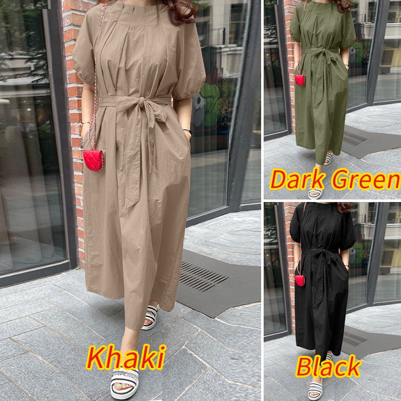 Đầm dài ZANZEA tay phồng xếp ly phối thắt lưng phong cách đường phố Hàn Quốc