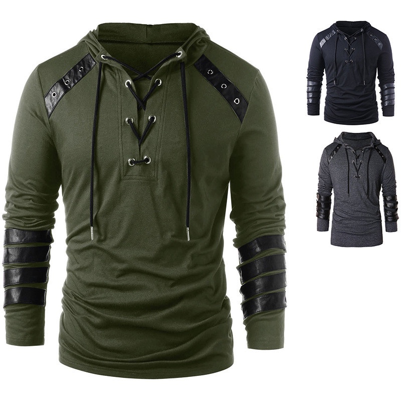 Áo Hoodie Da Nhân Tạo Tay Dài Dáng Rộng Màu Trơn Phối Dây Cột Thời Trang Cho Nam