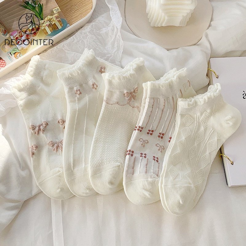 Set 5 Đôi Vớ Cotton Ngắn / Mỏng Phối Ren Hoa Đính Nơ Phong Cách Lolita Nhật Bản