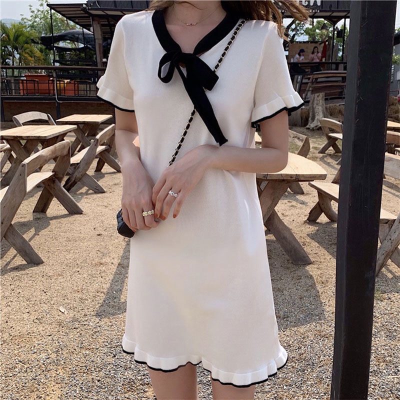 Đầm Dệt Kim Ngắn Tay Thắt Nơ Eo Thời Trang Nữ Tính