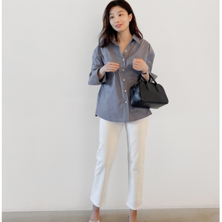 Áo sơ mi SUXI tay dài dáng rộng họa tiết kẻ sọc phong cách tối giản thời trang mùa xuân