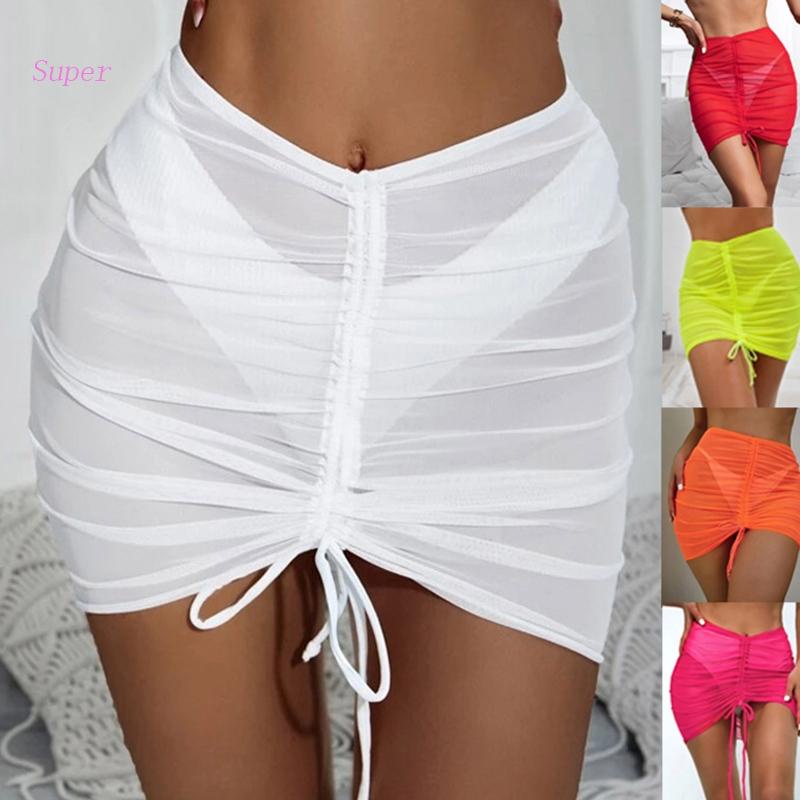 Tốt Nhất Bộ Đồ Bơi Dạng Lưới Sarong Lưới Sarong Ôm Dáng Màu Trơn Dây Rút Quấn Trên Váy Mini Mùa Hè Cho