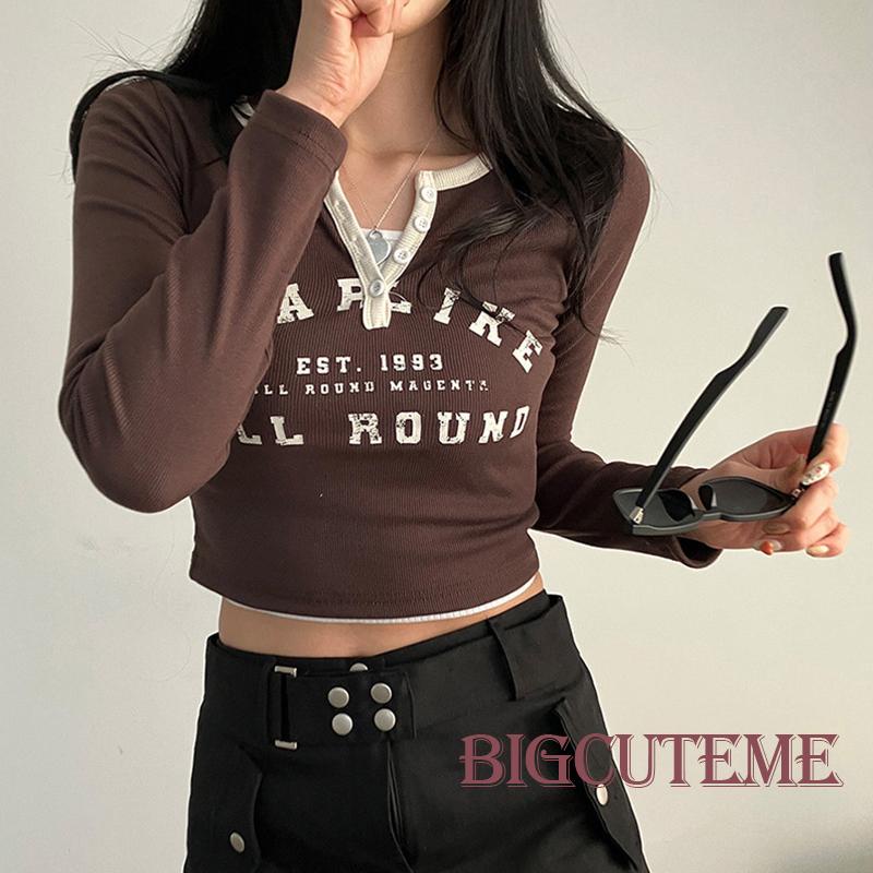 Áo Thun Crop Top Tay Dài Cổ Chữ V In Chữ Phong Cách Retro Dành Cho Nữ