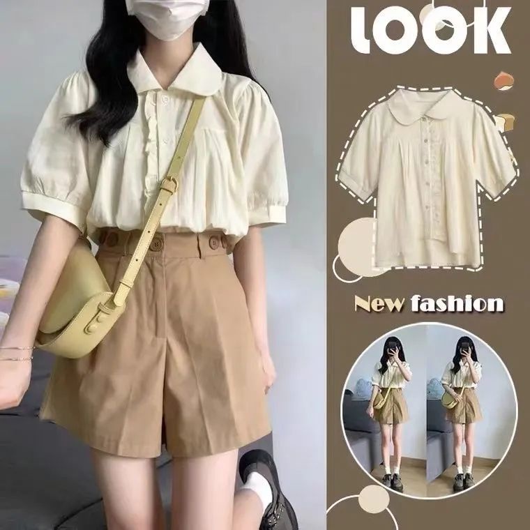 Set Áo Sơ Mi Tay Ngắn Phồng + Quần Short Kaki Phong Cách Preppy Thời Trang Mùa Hè Mới Cho Nữ