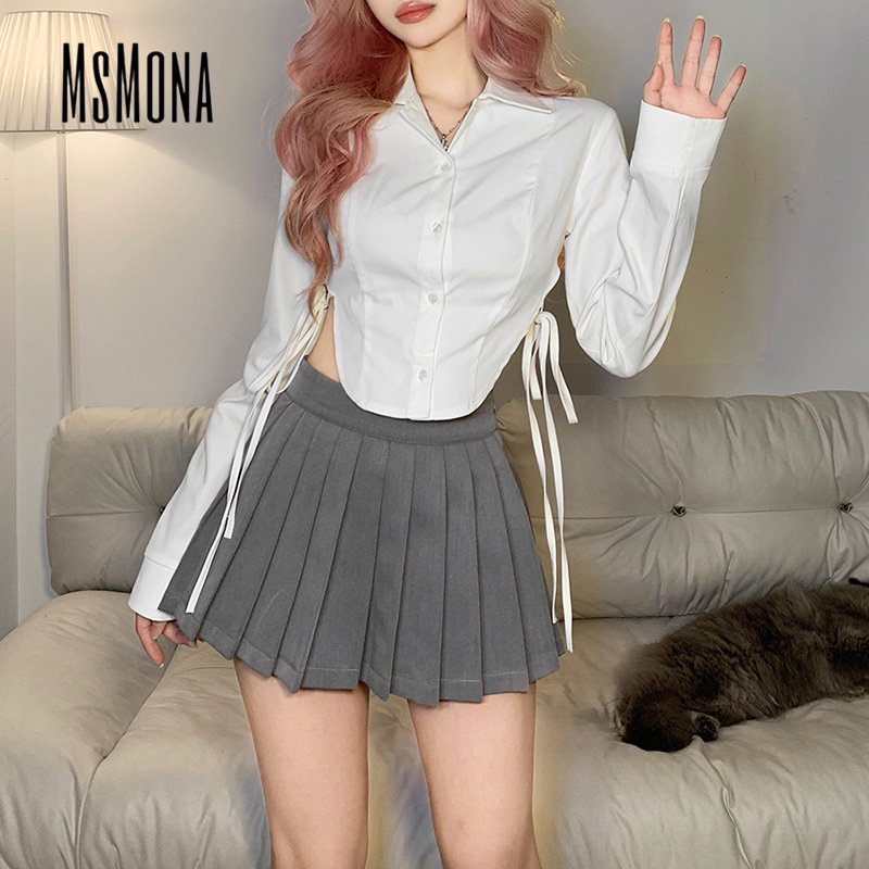 MsMona Áo Thun Tay Dài Cổ Bẻ Màu Trơn Dáng Ôm Thời Trang 2023 Dành Cho Bạn Nữ