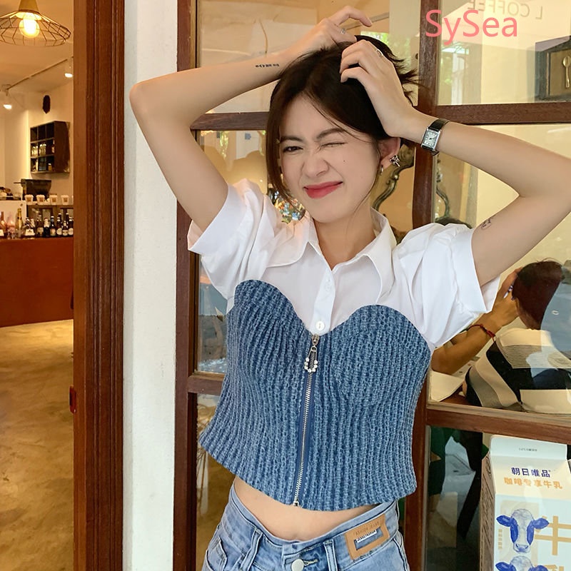 Áo Sơ Mi Phối Khóa Kéo Thời Trang Mùa Hè Pháp Cho Nữ