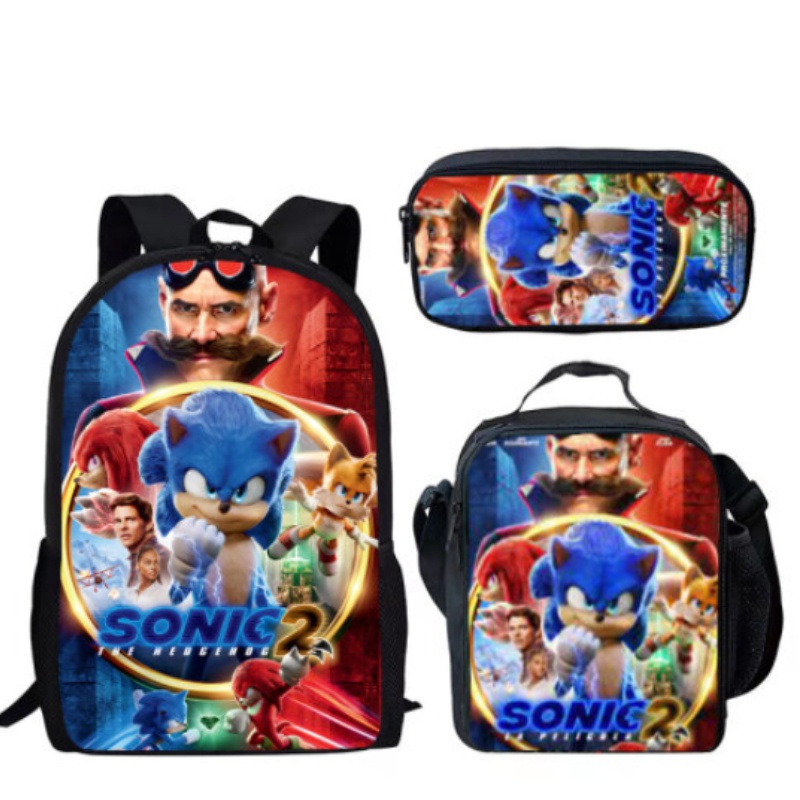 Set 3 Balo Đi Học Thoáng Khí Chống Thấm Nước In Họa Tiết Hoạt Hình Sonic Cho Bé