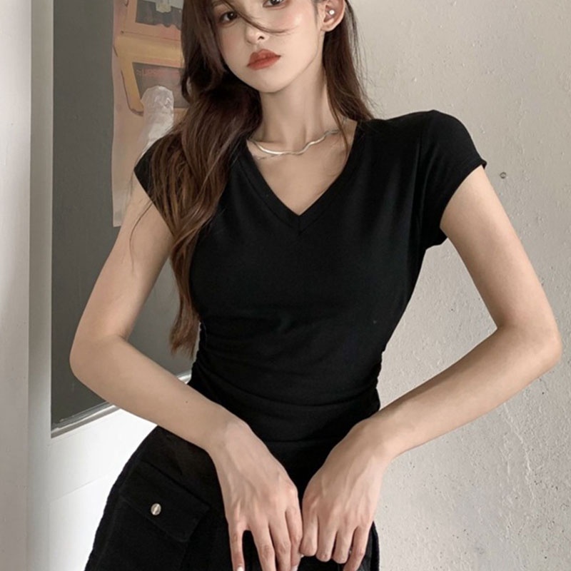 Áo Thun Cổ Chữ V Thiết Kế Đơn Giản Quyến Rũ Thời Trang Theo Phong Cách Hàn Quốc Cho Nữ