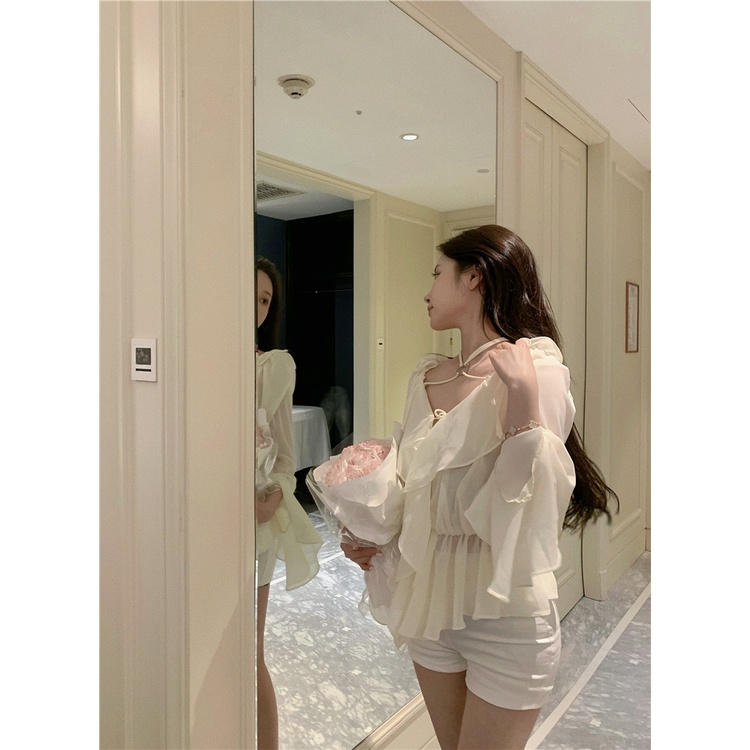 Cocory vn Áo Kiểu Tay Loe Hở Lưng Quyến Rũ Cho Nữ