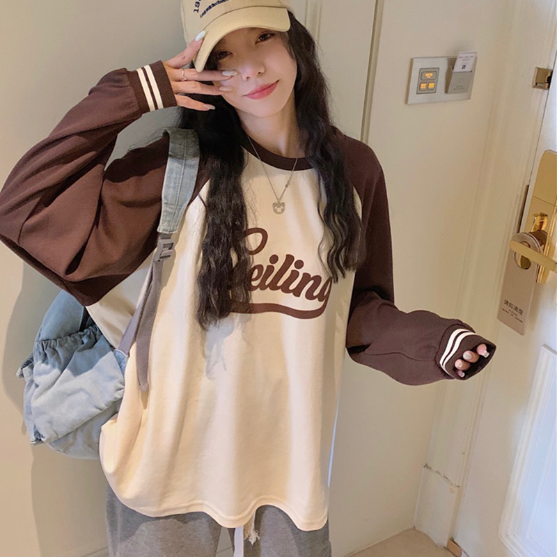 IELGY  Áo sweater Tay raglan In Chữ Phong Cách retro Mỹ Cho Nữ