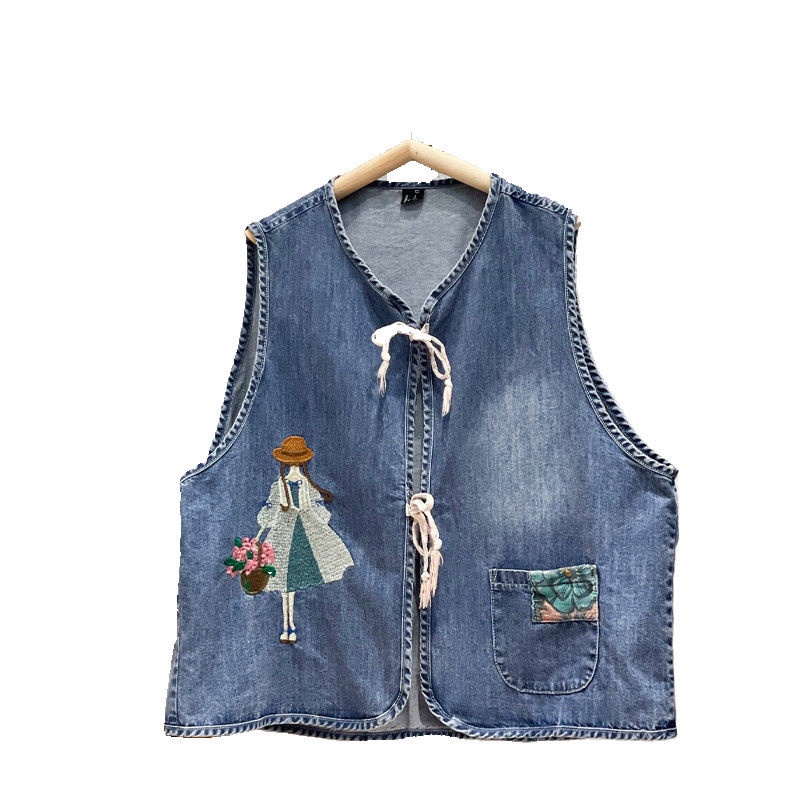 Áo Khoác Denim Không Tay Dáng Rộng Thêu Họa Tiết Cá Tính Theo Phong Cách Vintage