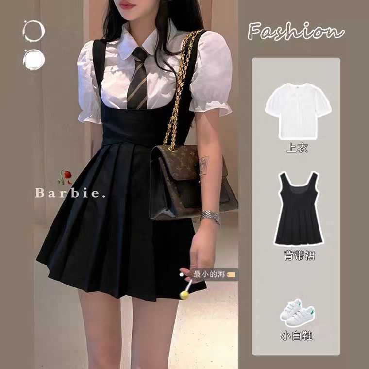 đầm bigsize nữ đầm dự tiệc tết sang trọng cưới sang chảnh dáng dài trung niên trễ vai body xinh tiểu thư Set áo sơ mi tay phồng 2 món/ Chân váy yếm xếp ly màu đen phong cách đồng phục jk thời trang mùa hè mới cho nữ/bé gái