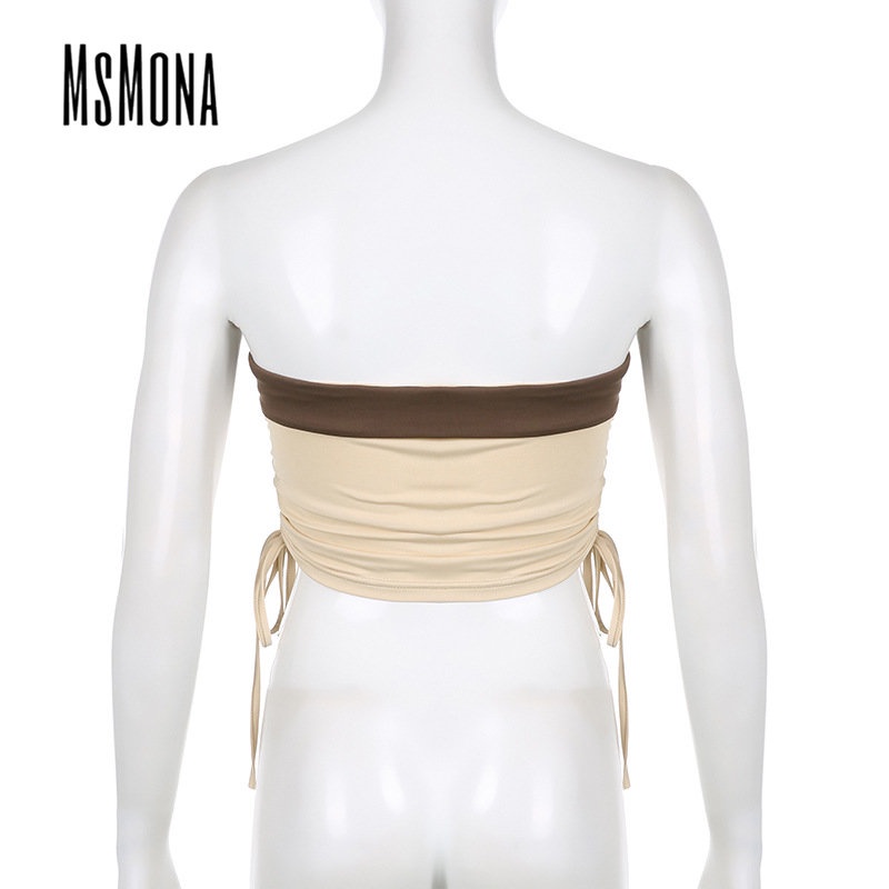 MsMona Áo Ống Mỏng Vừa Vặn Hở Vai In Chữ Màu Tương Phản Thời Trang 2023 Cho Nữ