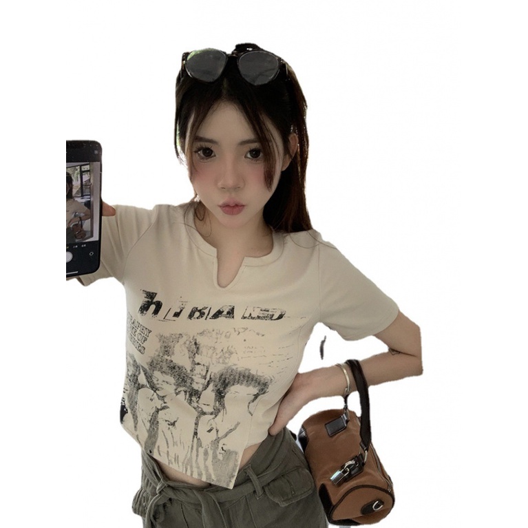 Áo Thun Ngắn Tay Phong Cách Retro Mỹ 2023 Cho Nữ