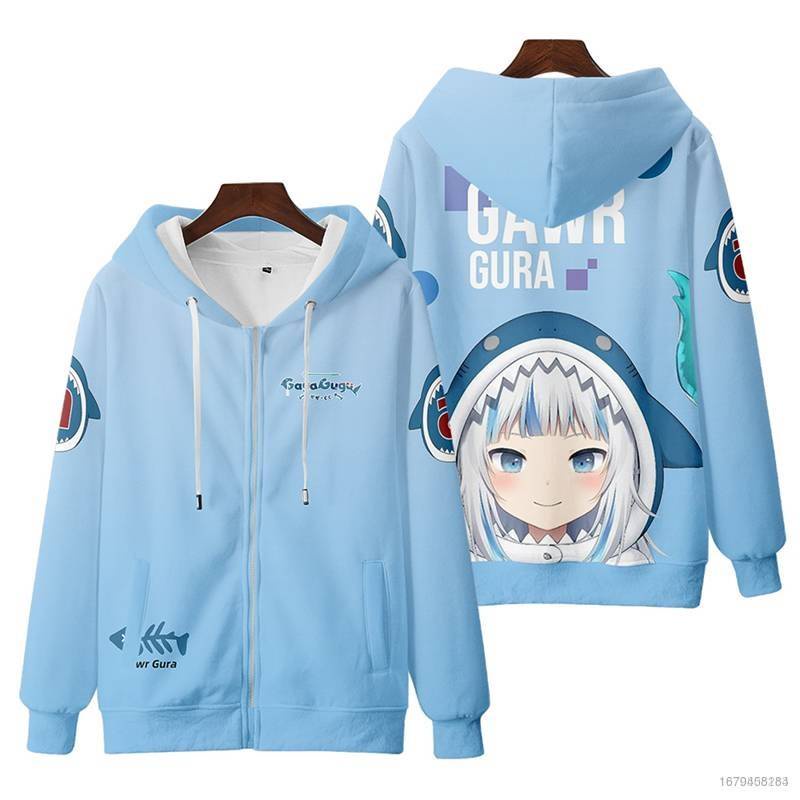 Si Hololive Gawr Gura Áo Khoác Tay Dài Dáng Rộng Có Khóa Kéo Họa Tiết Anime Giản Dị Dành Cho Nam Nữ