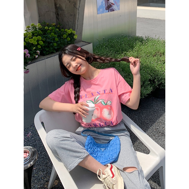 Áo Thun Nữ Ngắn Tay In Hình Quả Đào Phong Cách Vintage