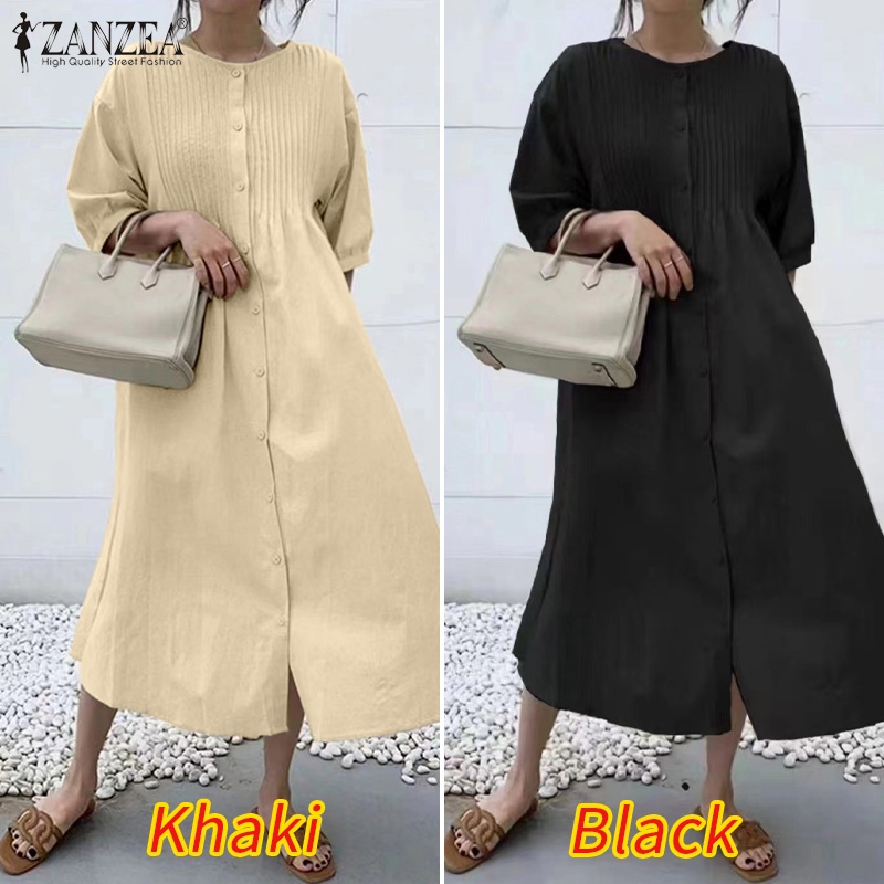 Áo sơ mi ZANZEA tay lỡ 3 / 4 cổ tròn phối túi thời trang cho nữ