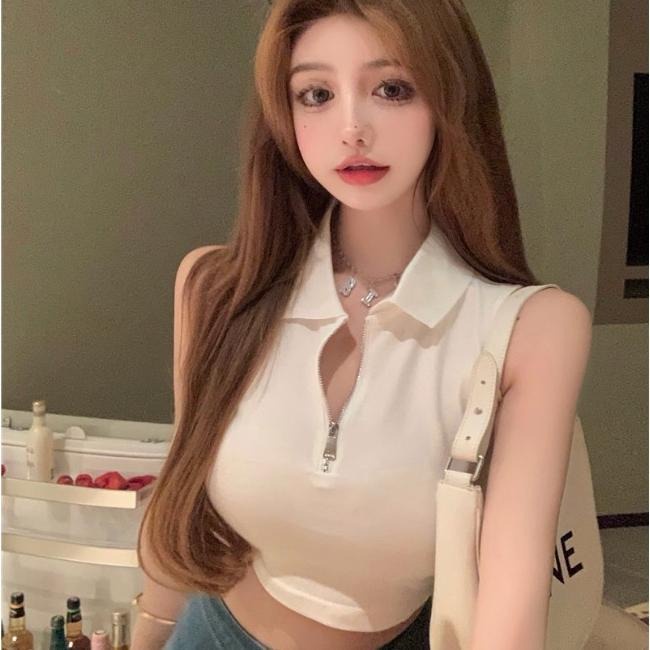 Áo croptop SUXI không tay cổ polo dáng ôm phong cách cổ điển thời trang mùa hè dành cho nữ