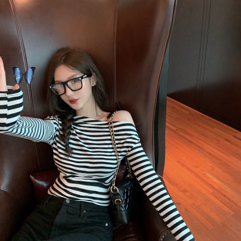 Áo Thun Trễ Vai Họa Tiết Kẻ Sọc Thiết Kế Mới Quyến Rũ Thời Trang Dành Cho Nữ