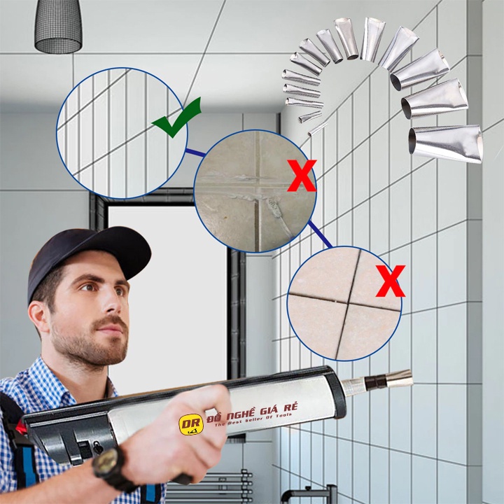 Bộ 14 Đầu Vòi Đi Bắn Keo Silicone Bằng INOX, Dụng Cụ Bơm Keo Dán Cửa Nhôm, Keo Chống Thấm Tường Gạch, Keo Xây Dựng