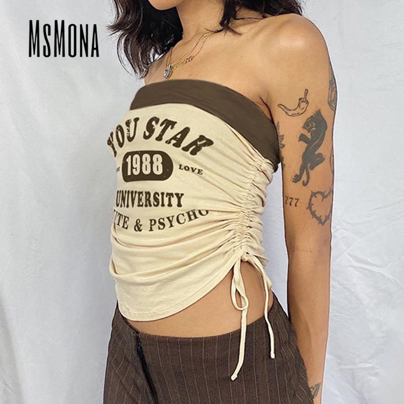 MsMona Áo Ống Mỏng Vừa Vặn Hở Vai In Chữ Màu Tương Phản Thời Trang 2023 Cho Nữ