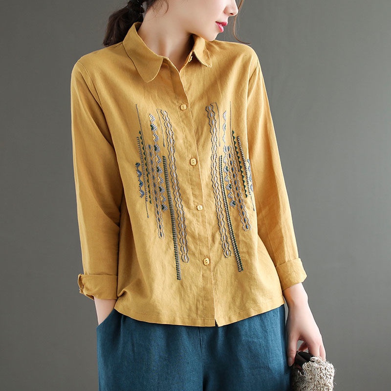 Áo Sơ Mi Dài Tay Chất Liệu Cotton Lanh Thêu Trang Trí Dành Cho Nữ