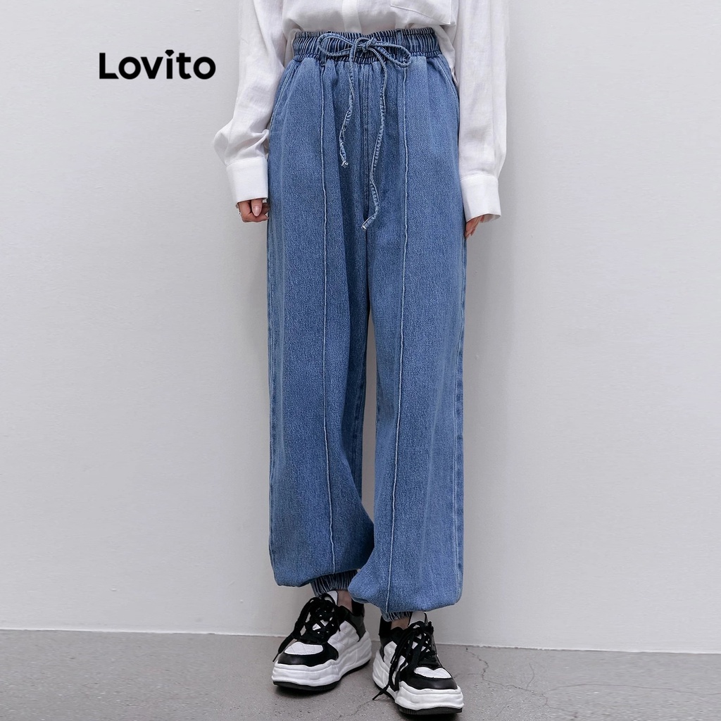 Quần Jeans Nữ Lovito Casual Trơn Có Đệm Lưng Thun L39AD076 (Xanh dương)