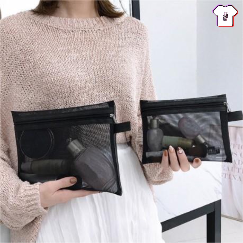 Túi Lưới Đựng Mỹ Phẩm / Đồ Trang Điểm Màu Đen Có Khóa Kéo