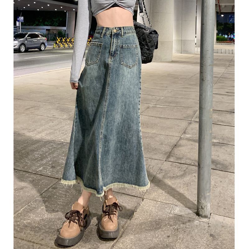 Chân váy jean Đuôi Cá Dáng Chữ A Viền Thô Phong Cách Vintage Thời Trang Mùa Hè Dành Cho Bạn Nữ