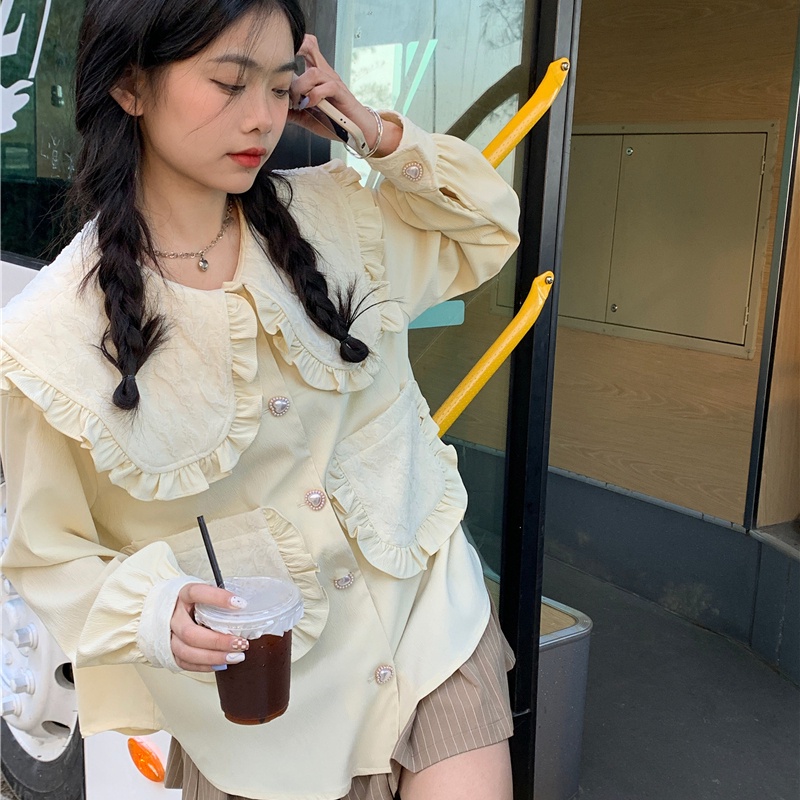 IELGY  Áo Sơ Mi Cổ Búp Bê Dáng Rộng Đính Tai Gỗ Khảm Ngọt Ngào Cho Phụ Nữ Tuổi Trung Niên