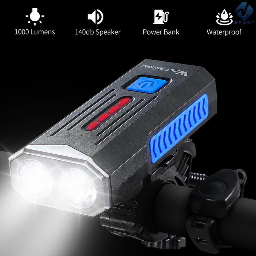 Đèn USB 1000 Lumens 360 Độ Dành Cho Xe Đạp° Đèn Pha Xe Đạp Đế Xoay Tích Hợp Còi Tiện Dụng