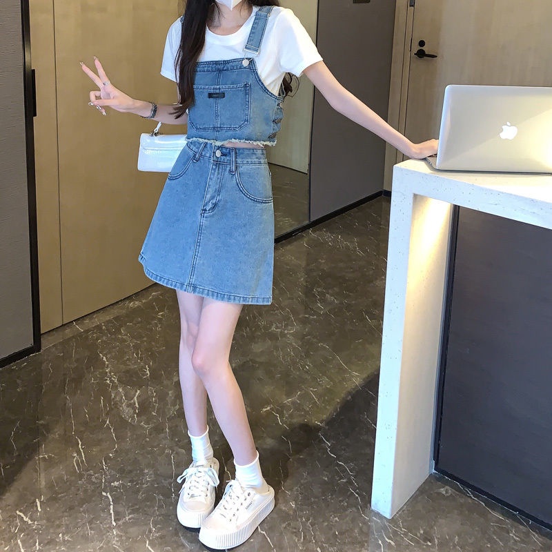 Set Áo Thun Ngắn Tay + Chân Váy Yếm Jeans Thời Trang Nữ