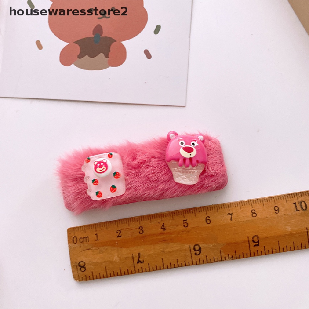 Set 2 Kẹp Tóc Hình Gấu / Dâu Tây Phủ Lông Dễ Thương Thời Trang Ngọt Ngào Cho Bé Gái