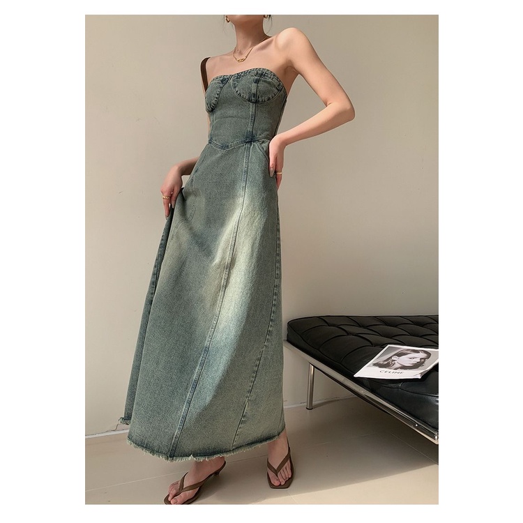 [Hàng Có Sẵn] Đầm Denim Chữ A Ôm Dáng Màu Xanh Dương Cổ Điển Phong Cách Mới 2023