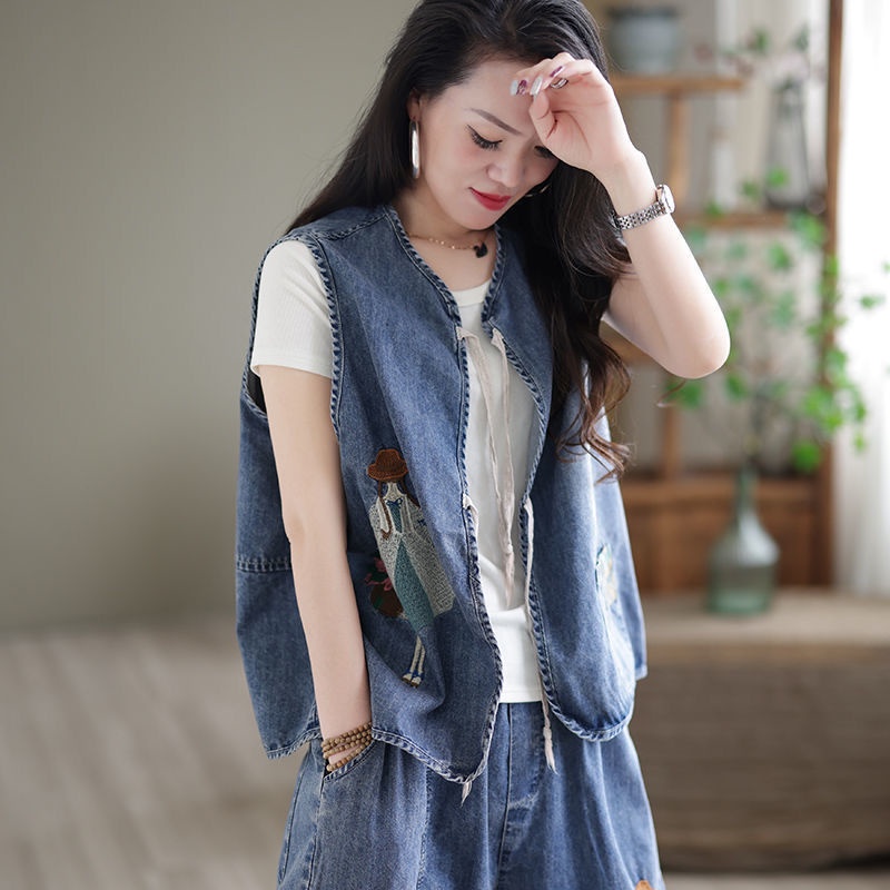 Áo Khoác Denim Không Tay Dáng Rộng Thêu Họa Tiết Cá Tính Theo Phong Cách Vintage
