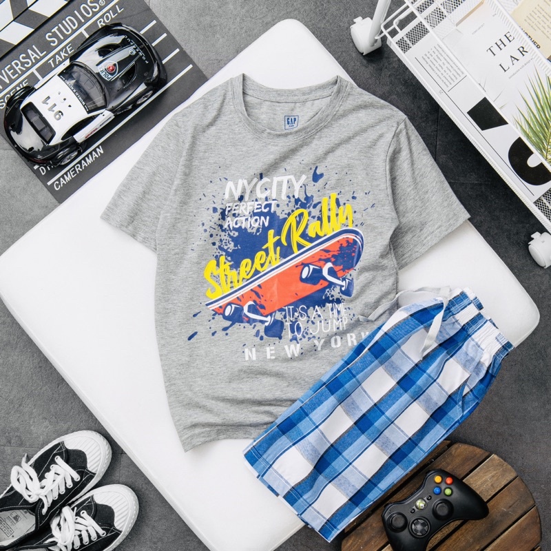 Bộ đồ bé trai quần thô caro áo cotton size đại 23-58kgp