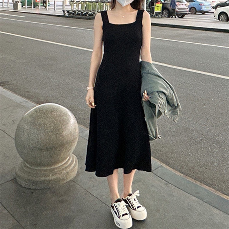 Đầm Dài Dáng Chữ A Không Tay Màu Đen Phong Cách Pháp Thời Trang Mùa Hè Cho Nữ