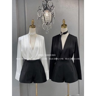 Set áo lụa cổ v vạt chéo quần đùi đen 2 màu basic dễ mặc