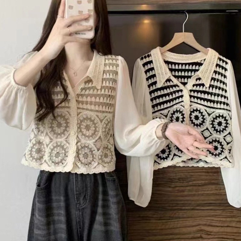 Vintage nữ móc hoa rỗng dệt kim cardigan nữ nối chiffon dài tay áo ngắn chống nắng đầu