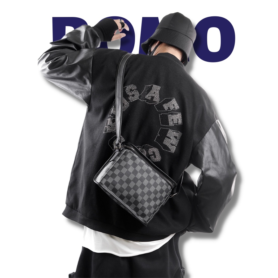 Túi đeo chéo đeo vai nam dạng hộp vuông ngăn siêu rộng da pu đen trơn kẻ caro cao cấp chống nước thời trang BOMO