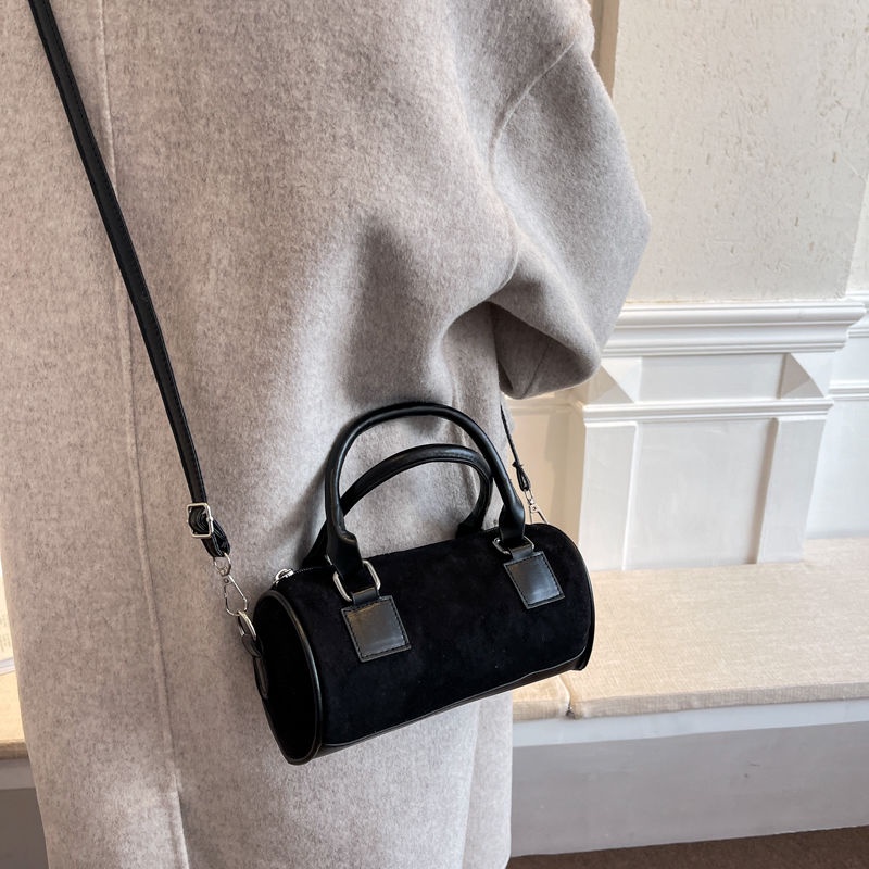 Túi Xách Boston Đeo Vai / Đeo Chéo Hình Trụ Cỡ Nhỏ Chất Nhung Có Khóa Gài Thời Trang Cho Nữ