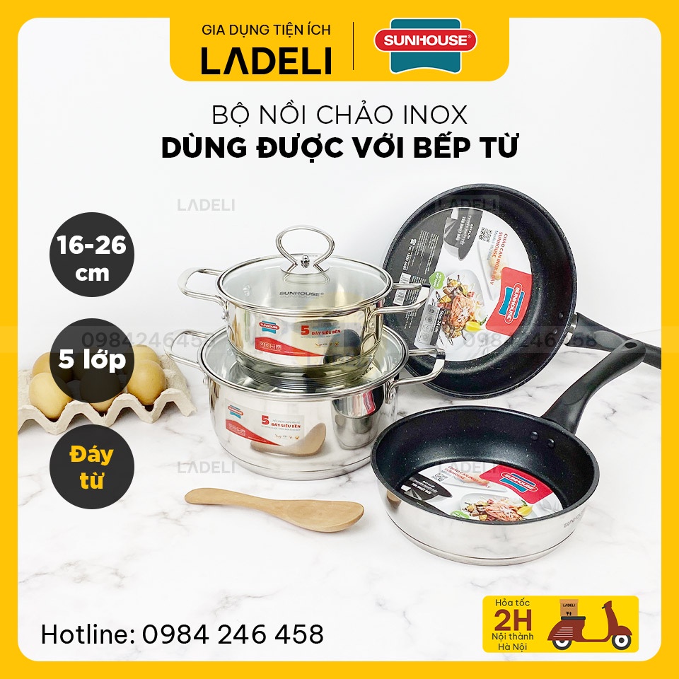 Bộ nồi chảo inox 5 đáy SUNHOUSE dùng được với bếp từ | LADELI 102