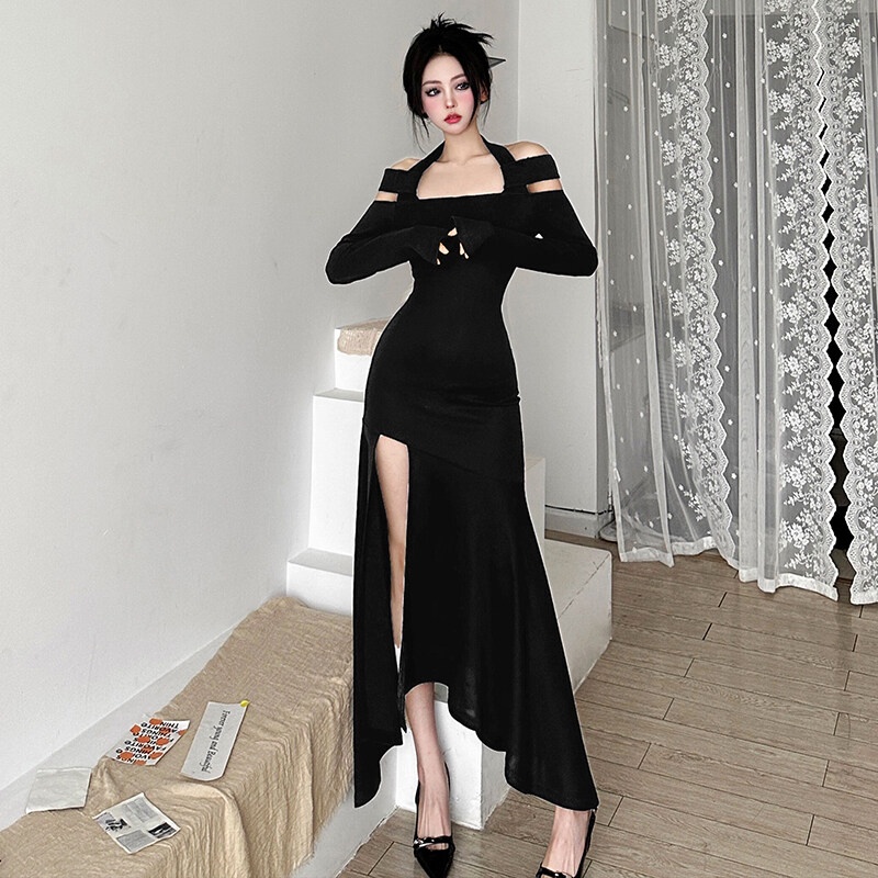 Klalien Đầm Đen Cổ Yếm Xẻ Tà Gợi Cảm Dự Tiệc Mùa Hè Cho Nữ