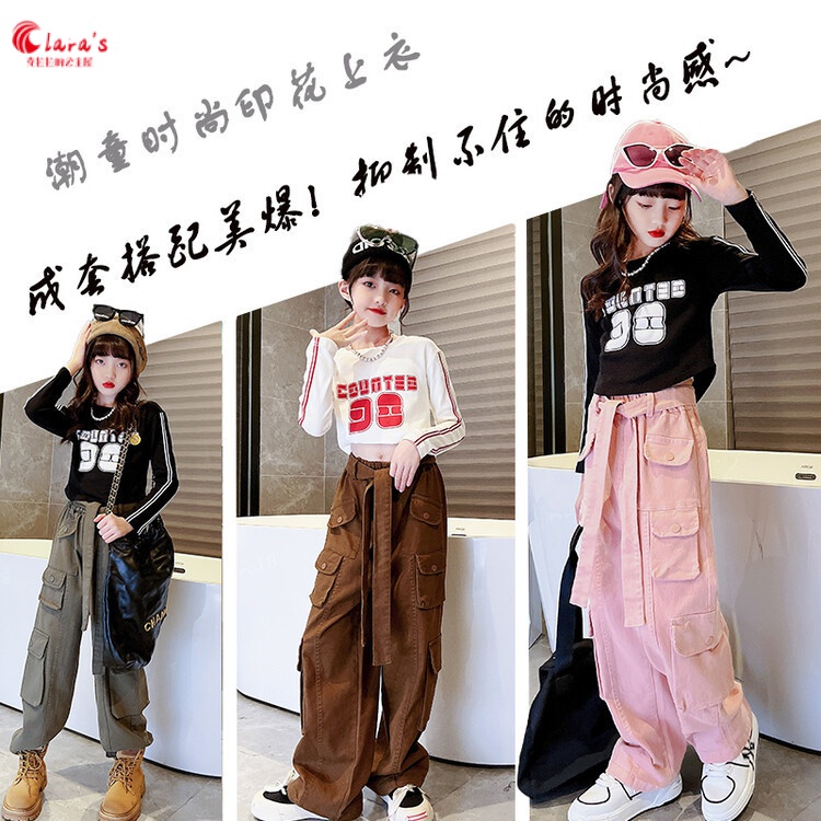 Bộ Áo Thun Tay Dài Phối Quần Yếm Vải Cotton Ống Rộng Thời Trang Xuân Thu Mới Cho Bé Gái