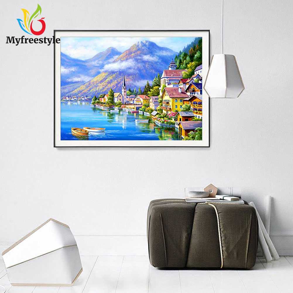 40*30cm Tranh Thêu Trang Trí Thủ Công 5D Hình Thị Trấn (Mũi Thêu Hình X)