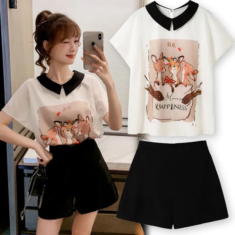 Bộ Áo Sơ Mi Voan Tay Cánh Dơi + Quần Short Dáng Rộng Thời Trang Mùa Hè Hàn Quốc Cho Nữ