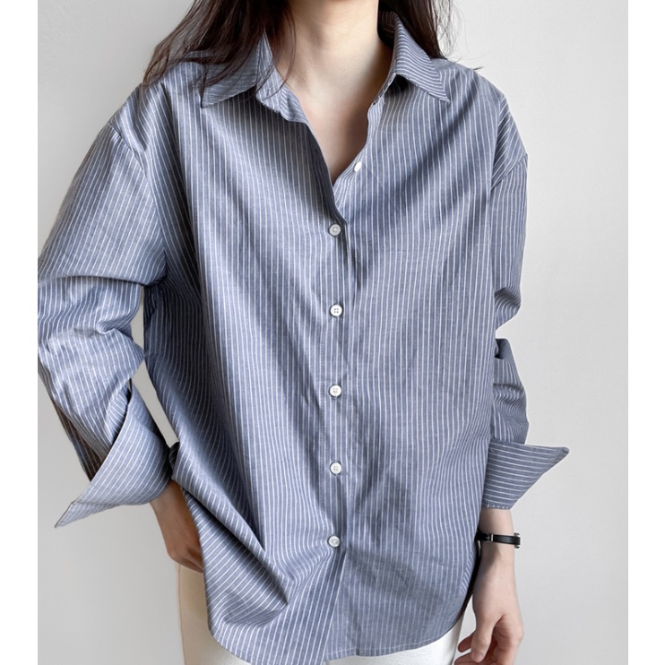 Áo sơ mi SUXI tay dài dáng rộng họa tiết kẻ sọc phong cách tối giản thời trang mùa xuân