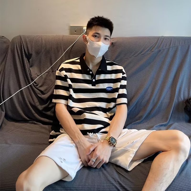 Áo Thun POLO Cotton Tay Ngắn Kẻ Sọc Ngang Đính Hạt Cườm Thời Trang Mùa Hè Hàng Mới 2023 Dành Cho Bạn Nam