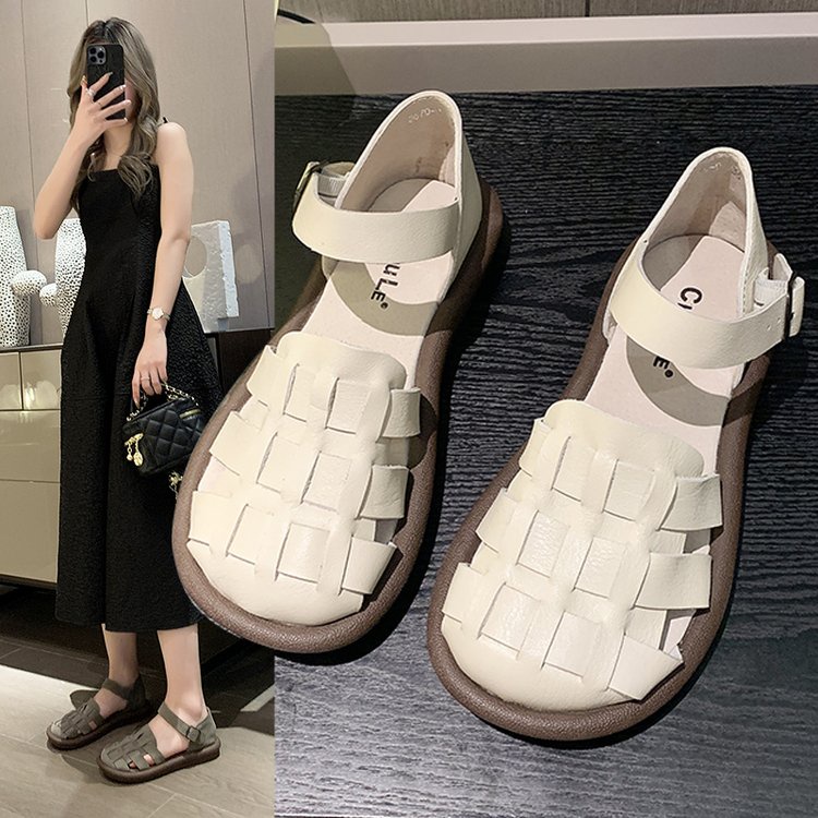 Sandal Da PU Đế Bằng Thời Trang Mùa Hè 2023 Phong Cách Roman