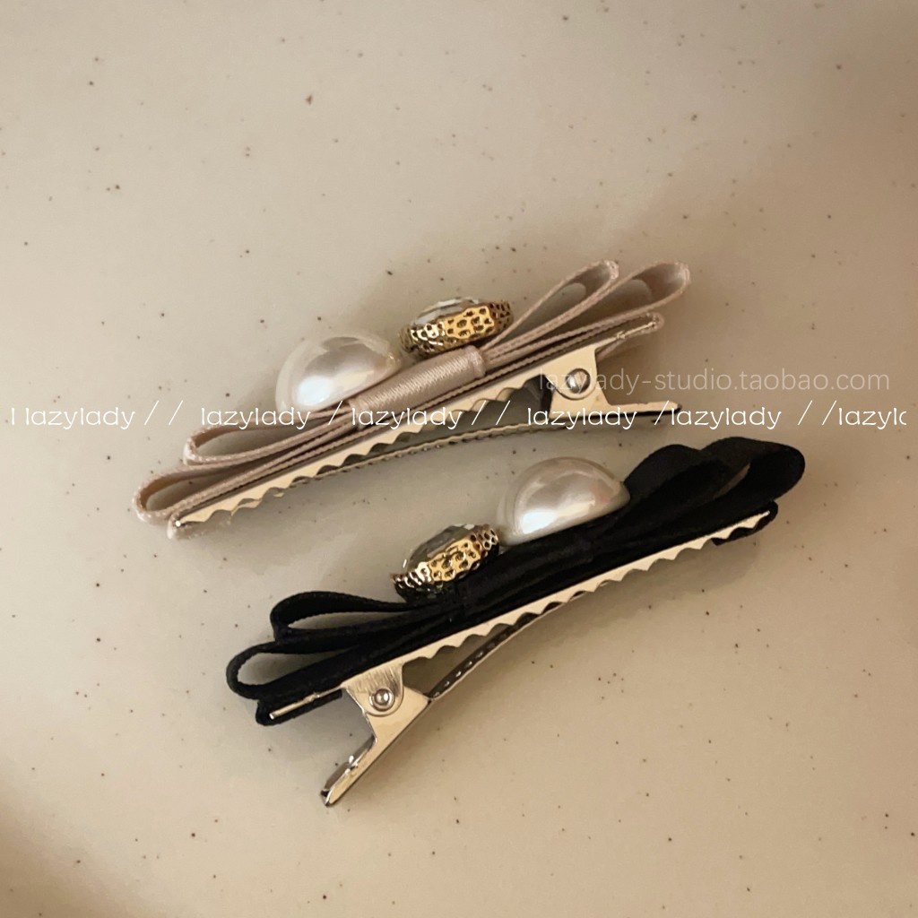 Cặp Kẹp Tóc Ruy Băng Đính Ngọc Trai Thời Trang Nữ